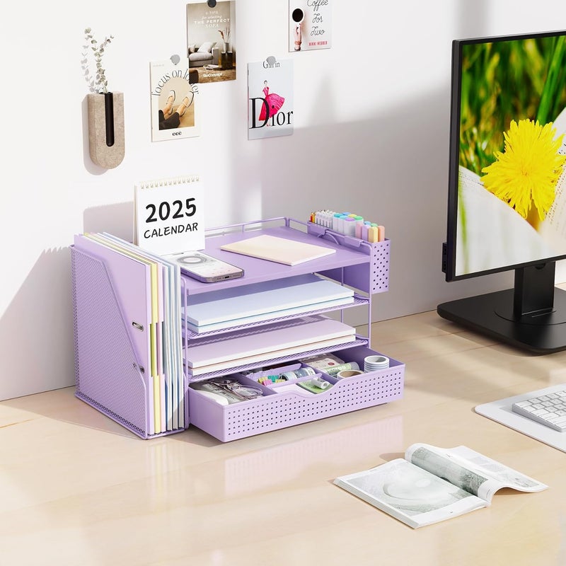 gianotter Wood Desk Organizers and Accessories with File Holder, 4-Tier Desk Accessories & Workspace Organizers with Drawer and Pen Holder, Paper Organizer for Office Supplies (Purple) - Image 3